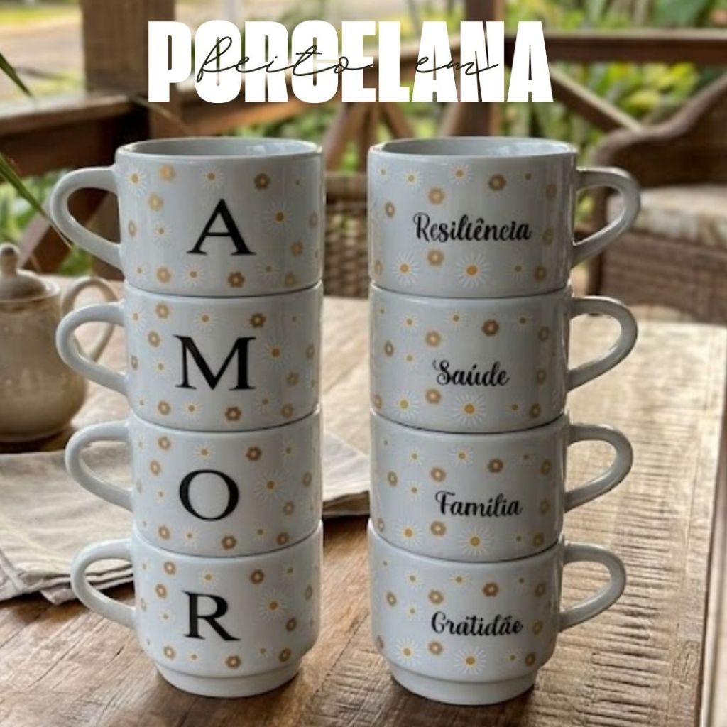 Jogo 4 Xícaras de Porcelana Branca Caneca 200ml Café Chá Coração Empilháveis Amor Gratidão FAIXA