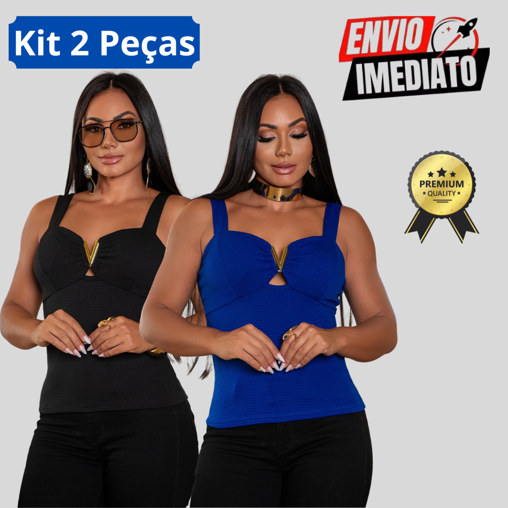 Kit 2 Blusa Regata Feminina Básica Elegante Confortável Detalhe V Casual Leve Tendência Moda Versátil