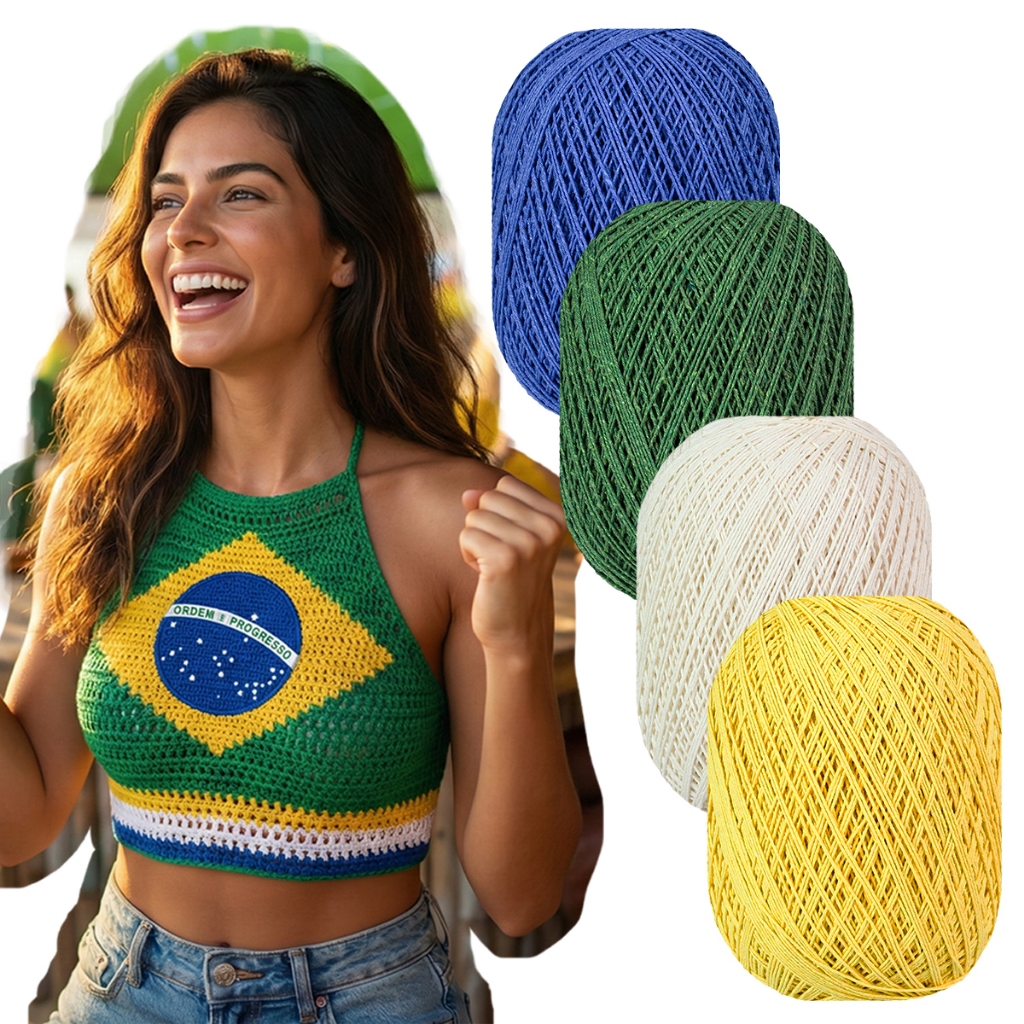 Barbante Malu 8/4 Tex 295 Cores Do Brasil Crochê Tricô Copa do Mundo Bandeira Seleção Tendencia Top