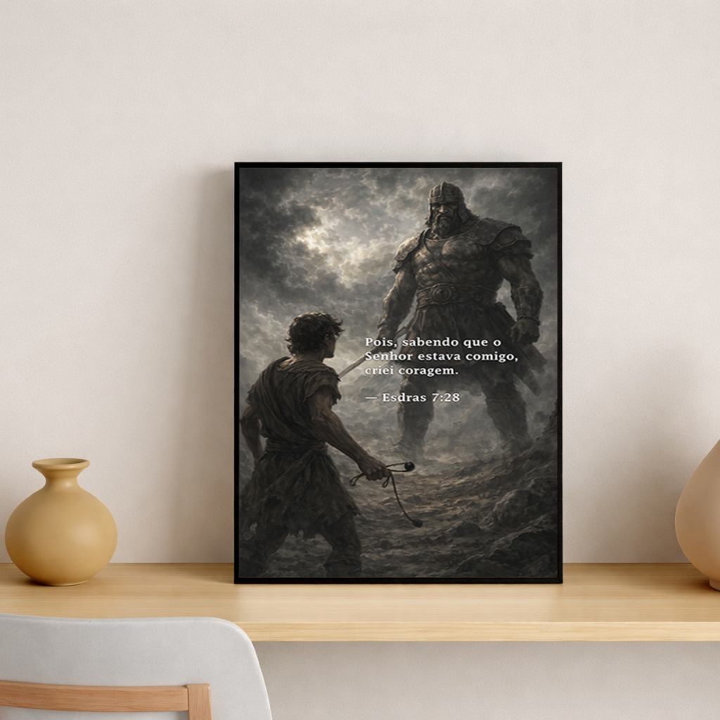 Quadro Decorativo Davi e Golias Coragem Versículo Bíblico MDF
