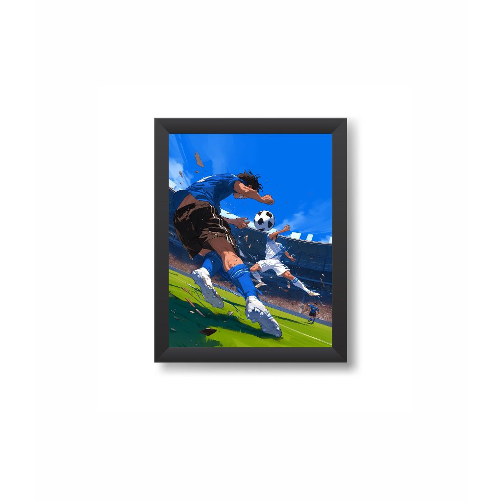 Quadro Decorativo Futebol Bola Chuteira Jogadores Decoração Esporte Moldura 20x30cm Madeira Vidro Cor Preta