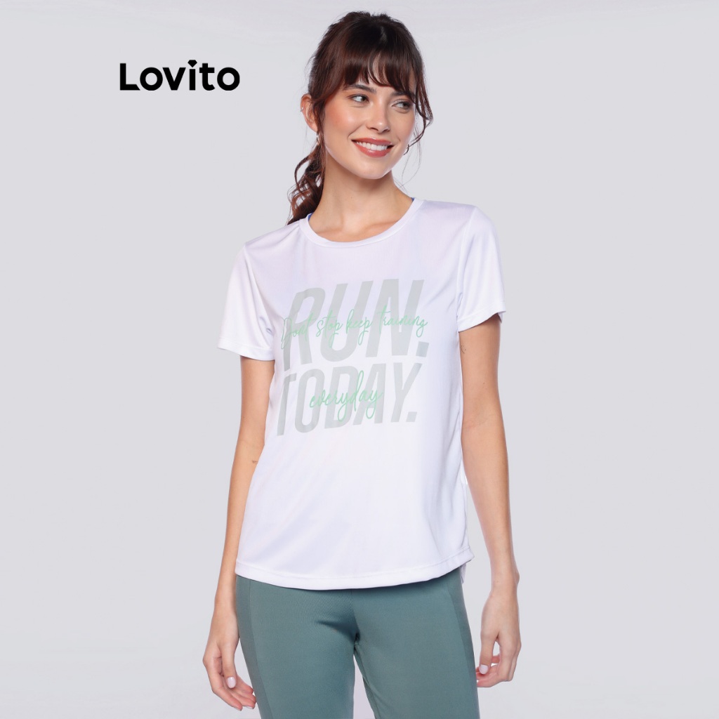 Lovito Camiseta Esportiva Feminina com Estampa PKB14871517 em Oferta na Shopee
