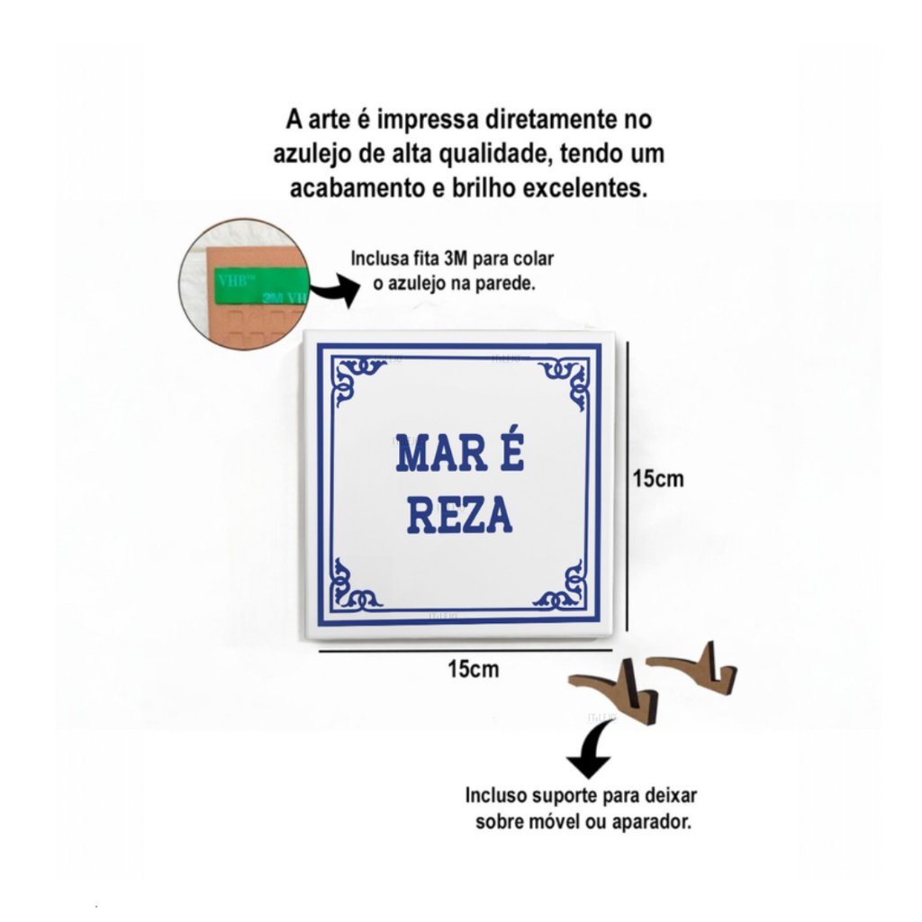 Azulejo Decorativo 20x20cm com frase "Mar é Reza" com Suporte | Estilo Português Criativo — imagem 2 de 2
