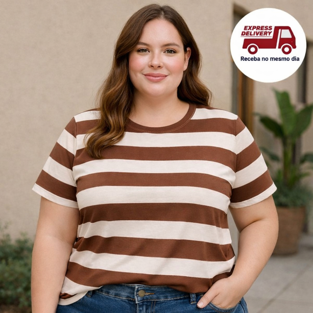Blusa Plus Size T-shirt Camiseta Feminina Listrada Básica Manga Curta