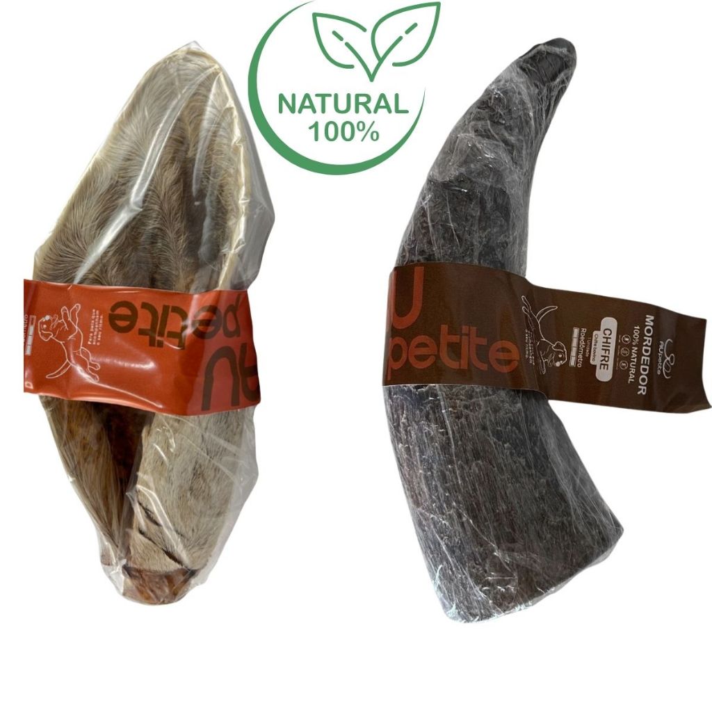 Kit Mordedor Natural Cães Chifre Bovino + Orelha Bovino com pelos Brinquedo anti tártaro anti-stress Aupetite