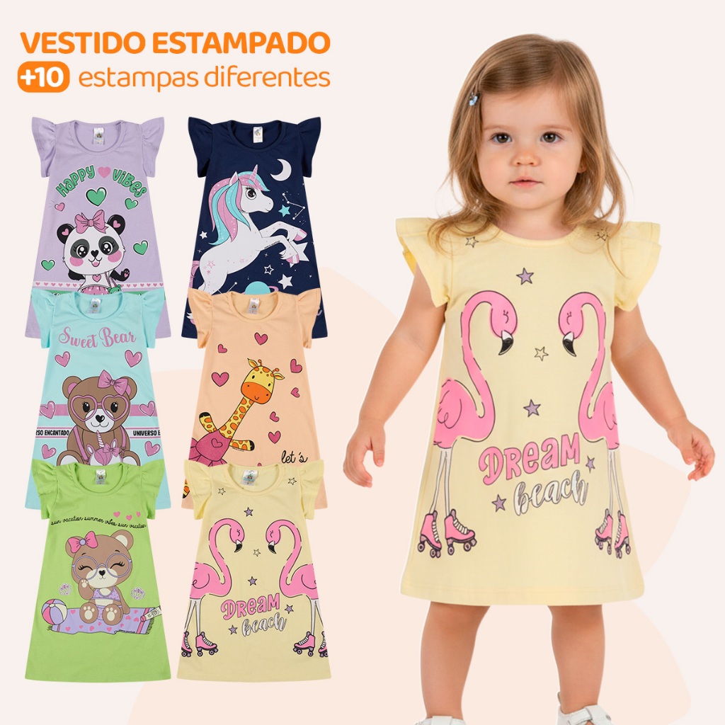 Kit  3 ou 4 Vestido Bebê Menina Verão Estampados 100% Algodão com Mangas Franzidas Sortidos Infantil  Verão Feminino