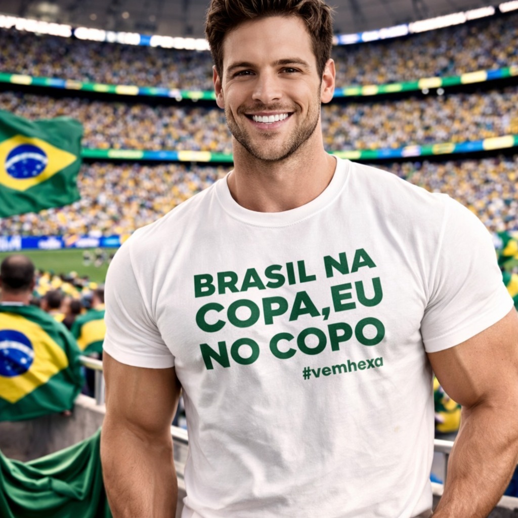 Camiseta Masculina streetwear com Estampa Modelo: "Brasil na Copa, Eu no Copo" - lançamento inédito 2026