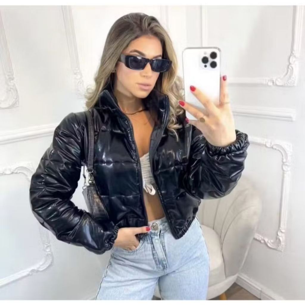 Jaqueta bobojaco feminina Puffer Brilhosa Vinil Preta Com Zíper Moda Inverno Blogueira Fashion