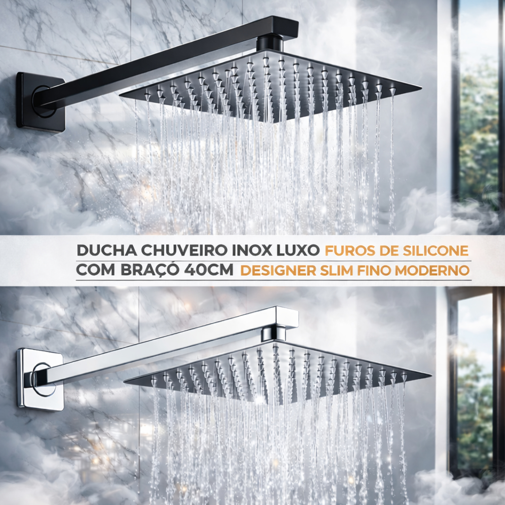Ducha Chuveiro Inox Luxo Furos de Silicone Com Braço 40CM Designer Slim Fino Moderno