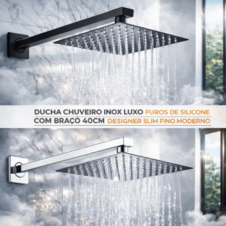 Ducha Chuveiro Inox Luxo Furos de Silicone Com Braço 40CM Designer Slim Fino Moderno