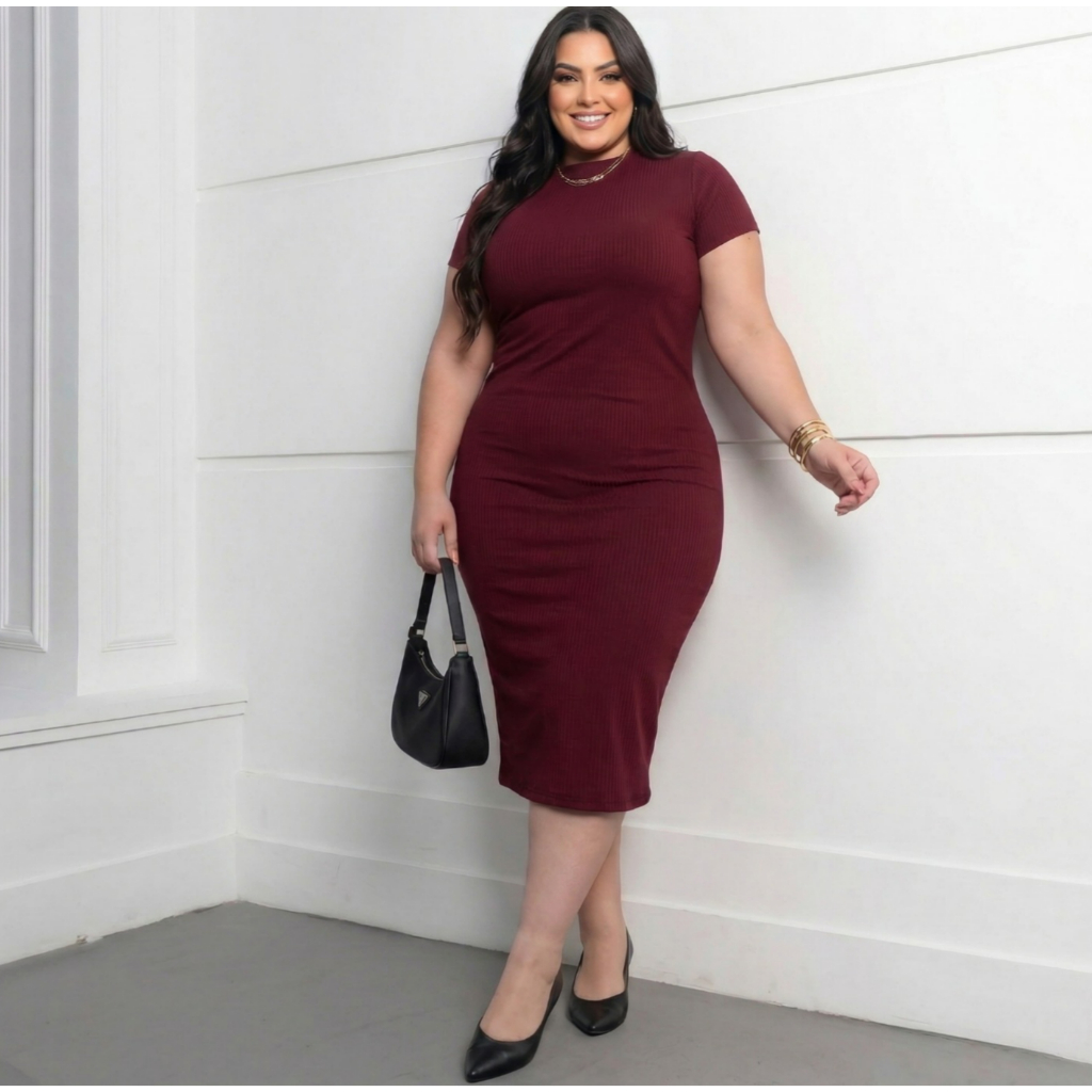Vestido Feminino Plus Size Midi Canelado Premium Elegante Confortavel