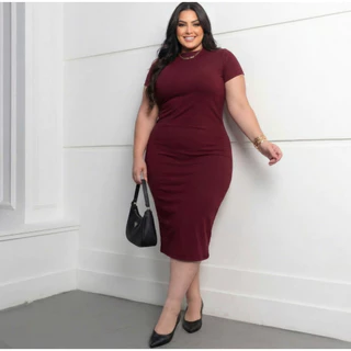 Vestido Feminino Plus Size Midi Canelado Premium Elegante Confortavel