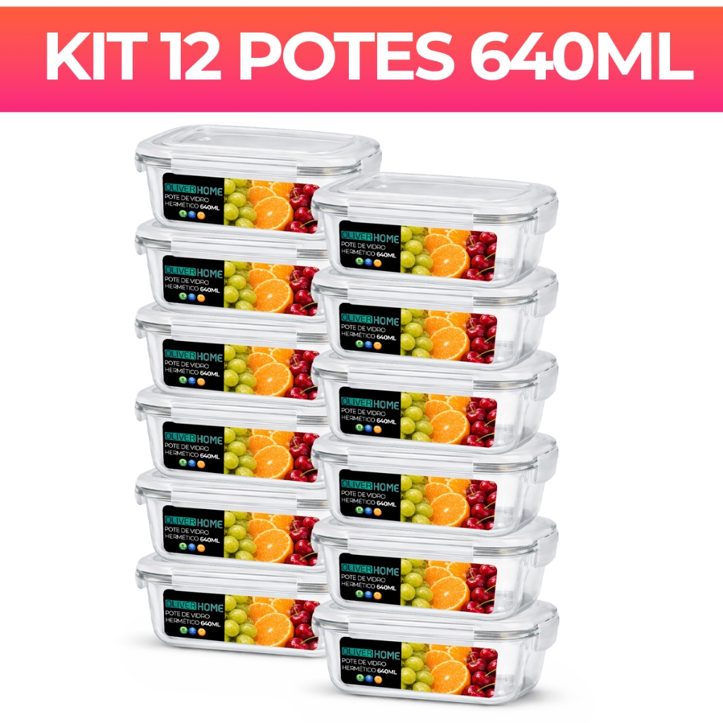 Conjunto 12 Potes de Vidro 640ml Hermético Marmita Fit com Tampa 4 Travas em Oferta na Shopee