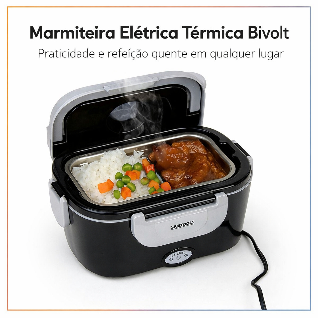 Marmita Elétrica Térmica Bivolt Preta 1,5L Portátil Refeições Compacta Prática Aquece Comida Rápido