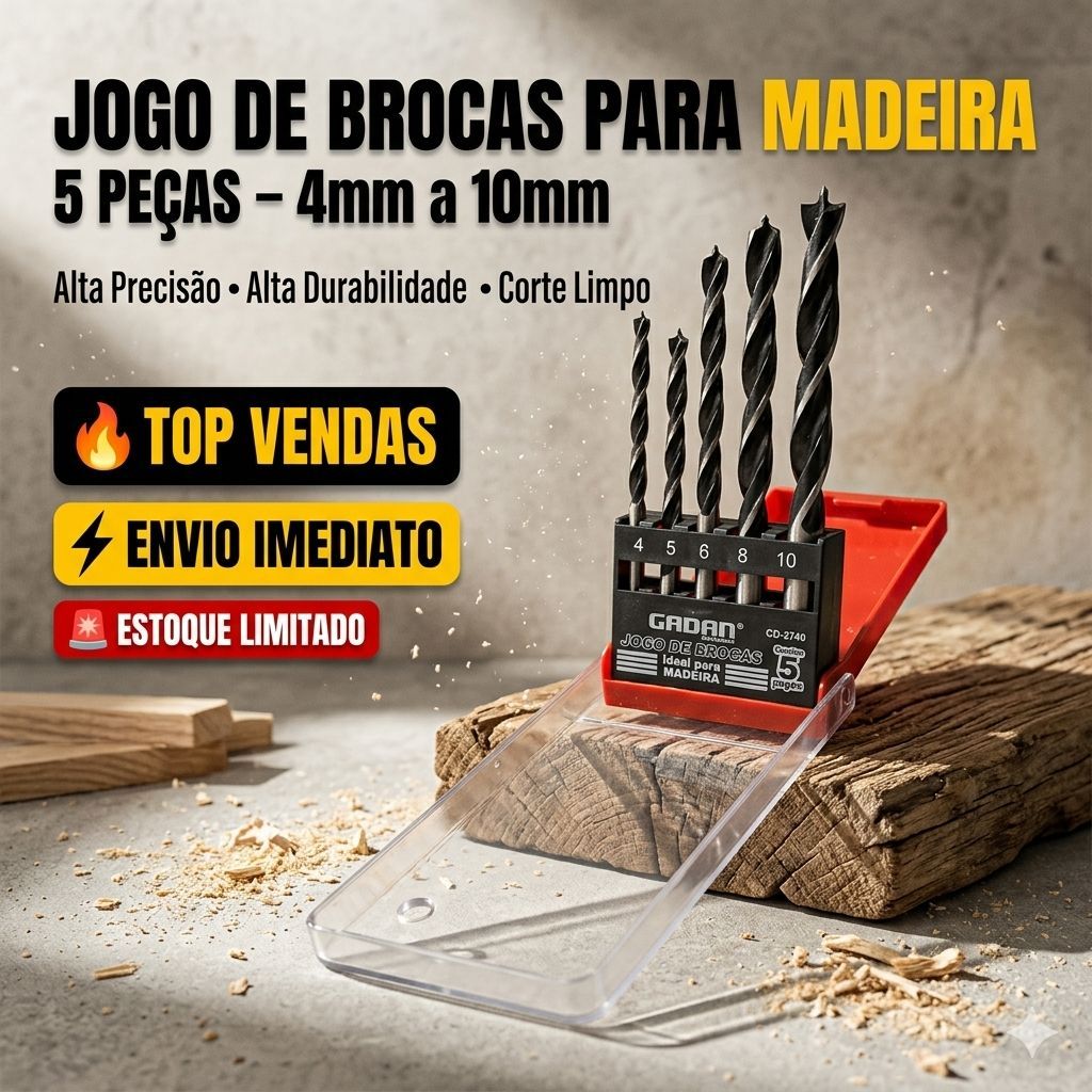 Jogo de Brocas Madeira Kit 5 Peças 4mm 5mm 6mm 8mm 10mm Para Furadeira Madeira MDF Marcenaria Profissional