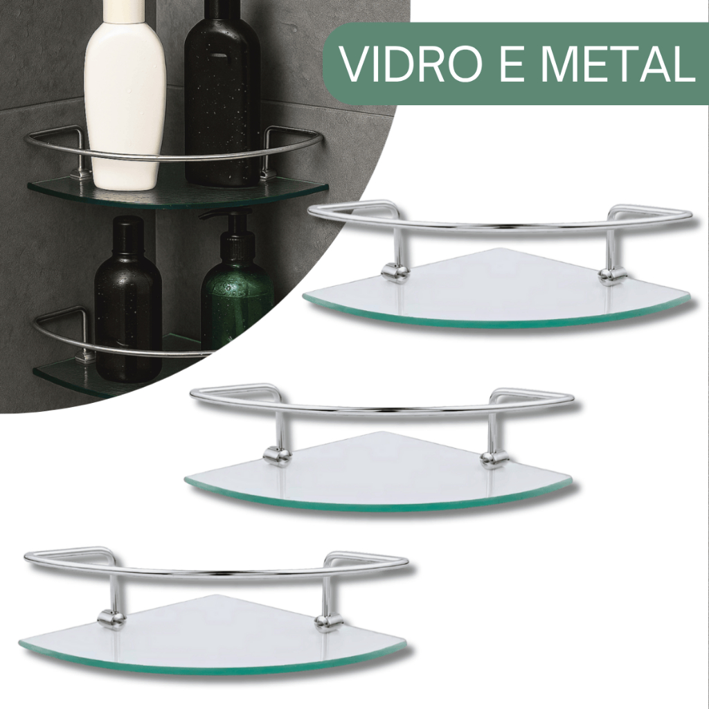 Kit 03 Porta Shampoo Canto Veneza Vidro Fixação Dupla Prateleira para Banheiro e cozinha
