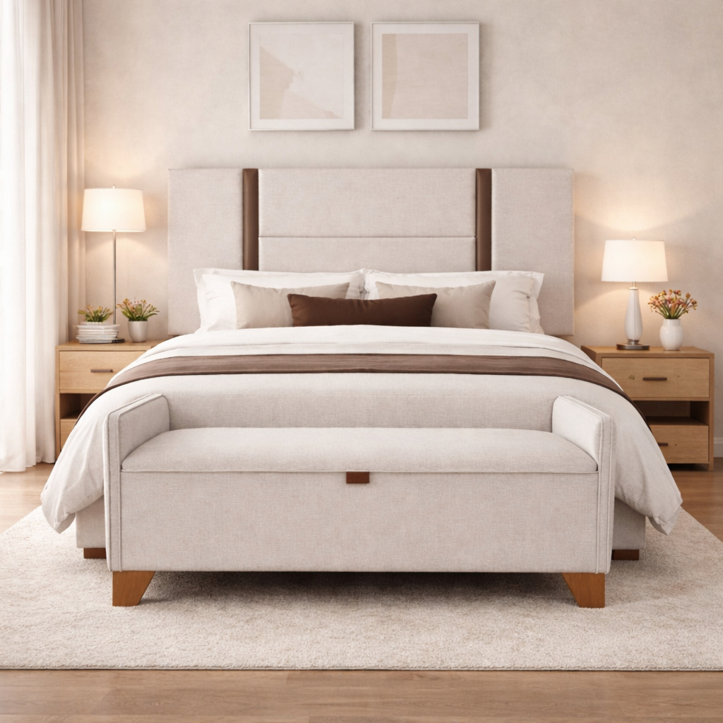 Conjunto Duna Recamier Baú + Cabeceira Linho Bege com Corino Alto Padrão – Cama de Casal e Queen