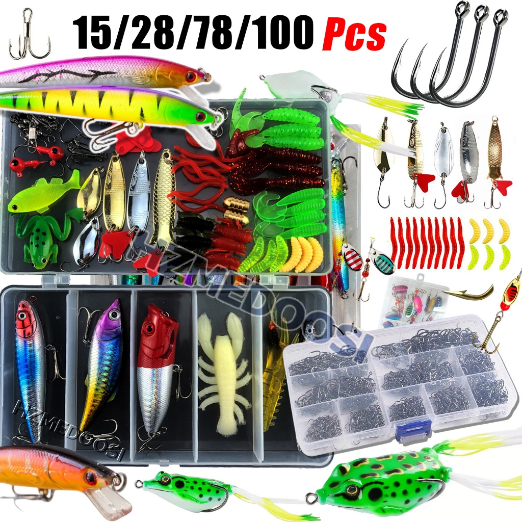 Inclui kits de iscas de pesca com 15 a 1000 peças, adequados para pesca em alto mar, água doce e pesca ao ar livre