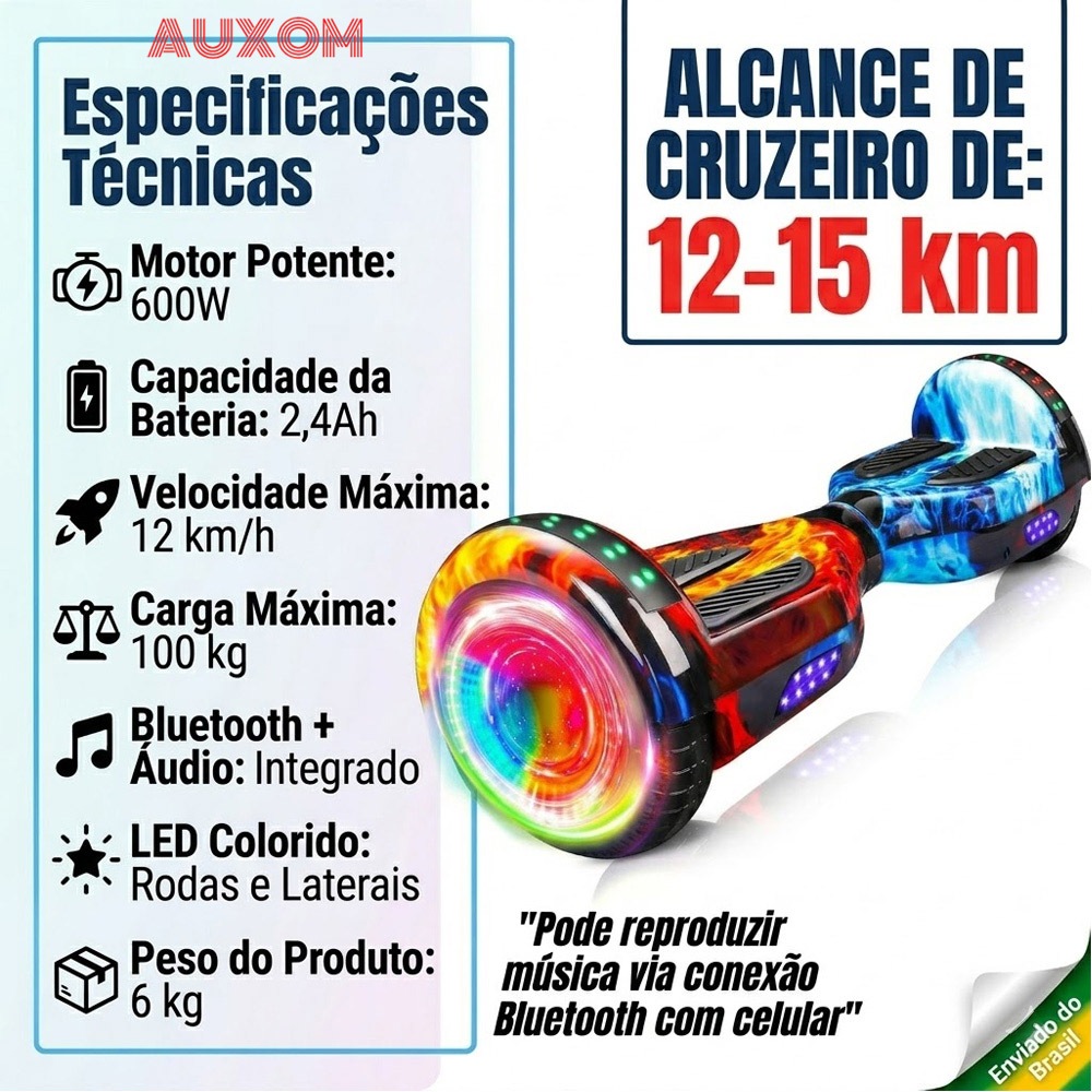 Hoverboard Infantil Skate Elétrico 6,5" com LED Música Bluetooth e Motor 600W para Meninos e Meninas-Brinquedos Premium