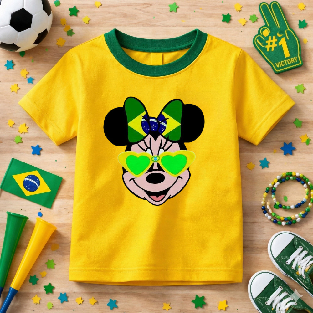 Camiseta Infantil Copa Do Mundo Menina Minie Oculos Lançamento Brasil Algodão Premium Confortável