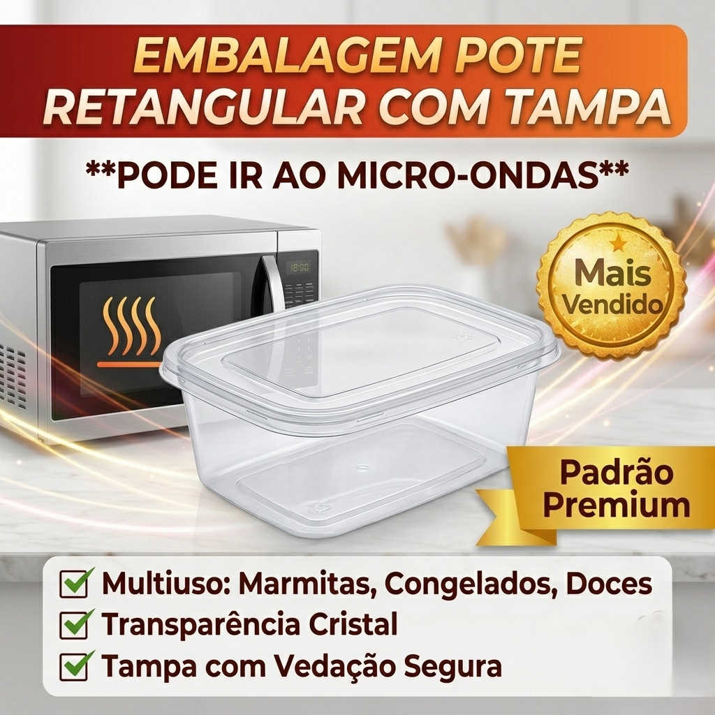 Kit 12/24/48/72/96/120/144 Pote De Embalagem Marmita Com Tampa Retangular Plástico 500ml