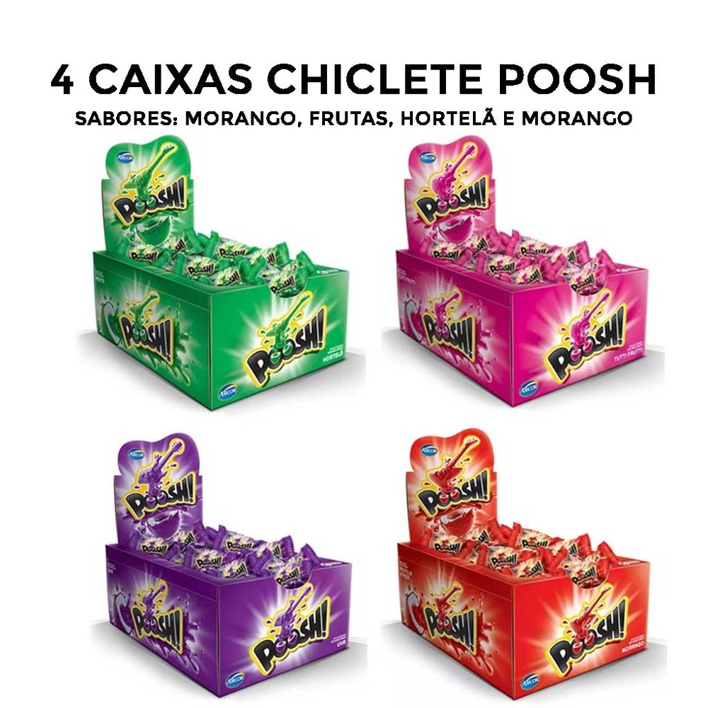 Kit com 4cx Chiclete Poosh 1 Morango, 1 Fruta, 1 Hortelã e 1 Uva c/40 - Arcor