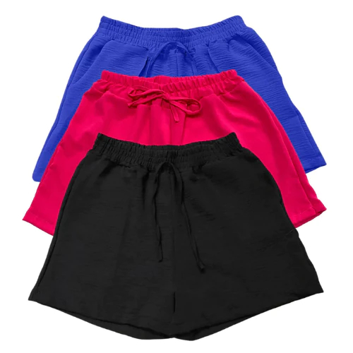 Kit 3 Shorts Feminino Básico Duna, Design com Cintura de Amarração que Proporciona Conforto e Estilo Modelo Soltinho.