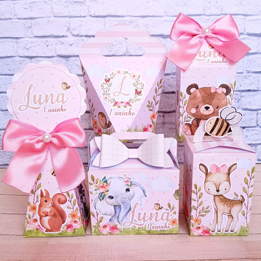 Chá de Bebê Personalizado Bosque Encantado Safari Rosa - Caixinhas personalizadas Lembrancinhas para festa Aniversário