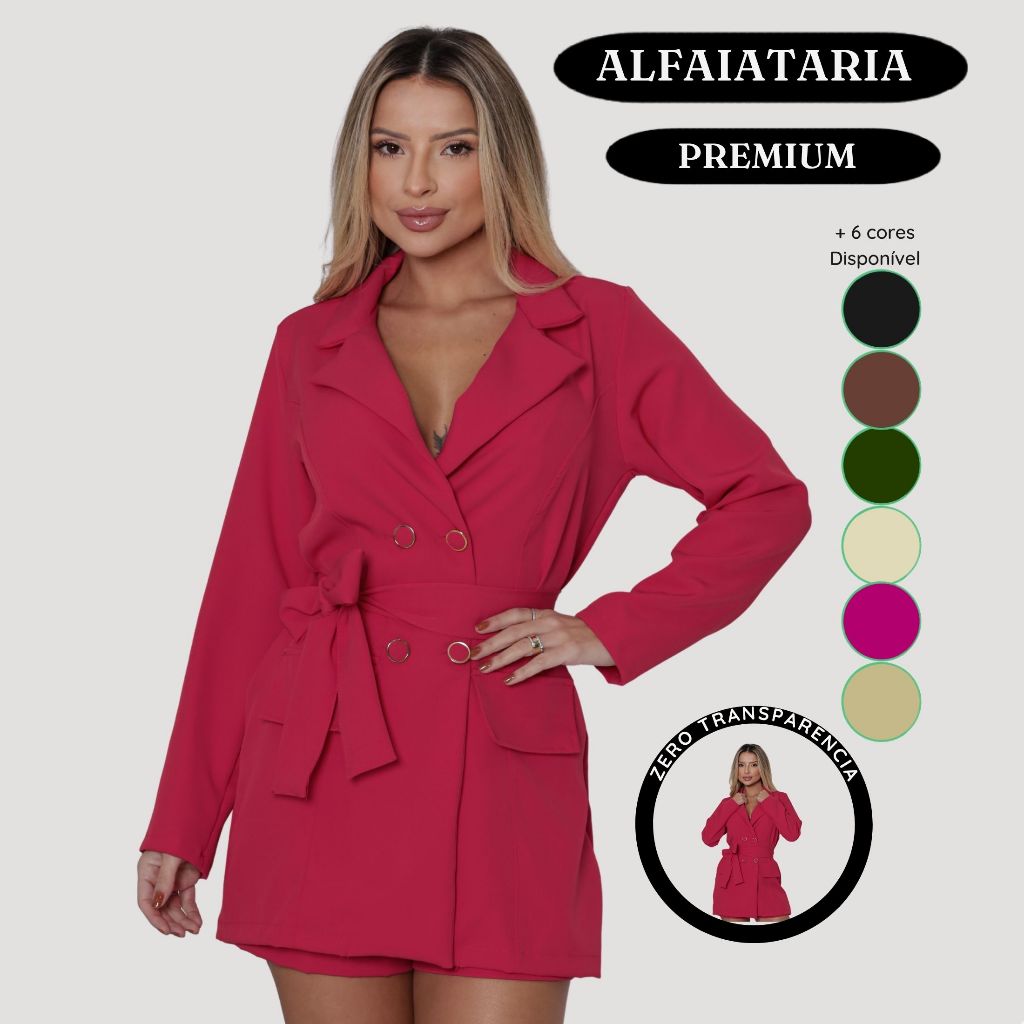 Macaquinho Feminino Social Blazer Alfaiataria Premium  com Cinto Botão Elegante e Sofisticado