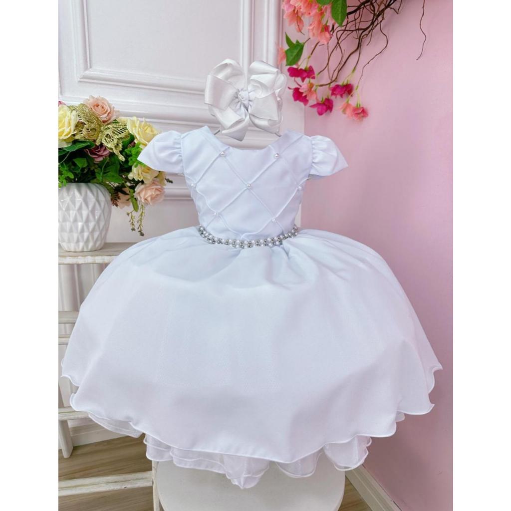 Vestido Bebê e Infantil Branco para Batizado Daminha Aniversario Festas Vestido de Festa Infantil para Princesas Luxo