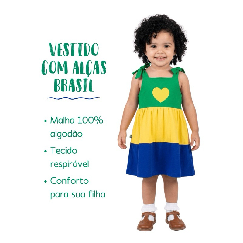 Vestido Brasil de malha para bebê de 3 meses a meninas de 5 anos confortável modelo princesa
