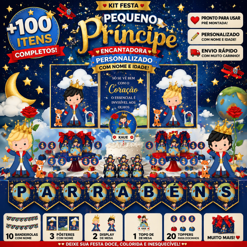 KIT FESTA PEQUENO PRÍNCIPE PERSONALIZADO UM BOLINHO|MÊSVERSÁRIO ANIVERSÁRIO|100|50|30 ITENS|LEMBRANCINHA