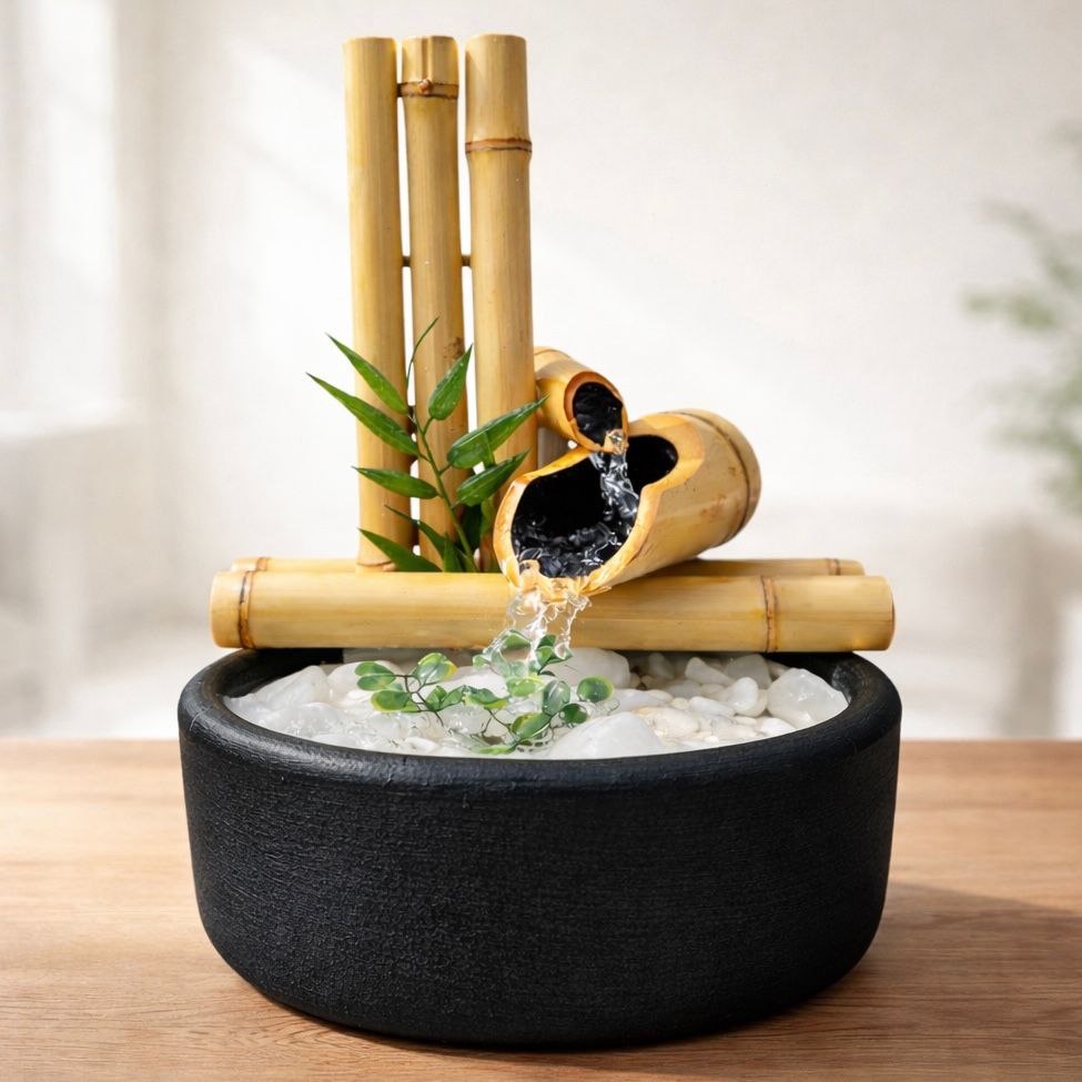 Imagem Fonte de Água Decorativa Cascata 2 Quedas Preta Zen Bambu Feng Shui Relaxante
