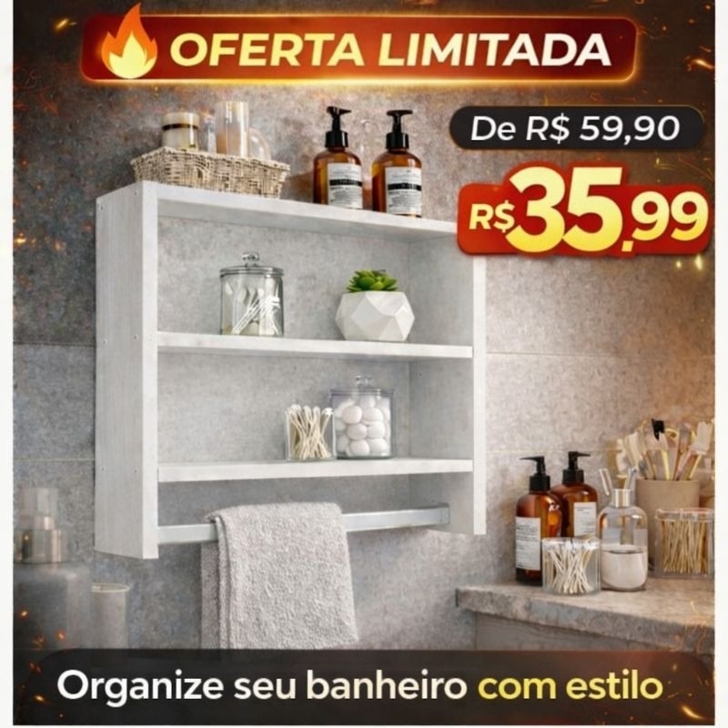 Nicho Para Banheiro Com Suporte de Toalha - Prateleira de Parede Organizador Branco MDF, Multiuso