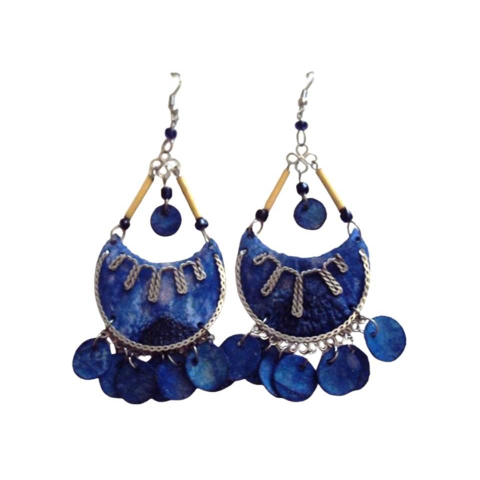 029 Bjb- Um Par de Brincos- Indiano Azul- Prateado- Maxi- Artesanal- Acessórios de Moda