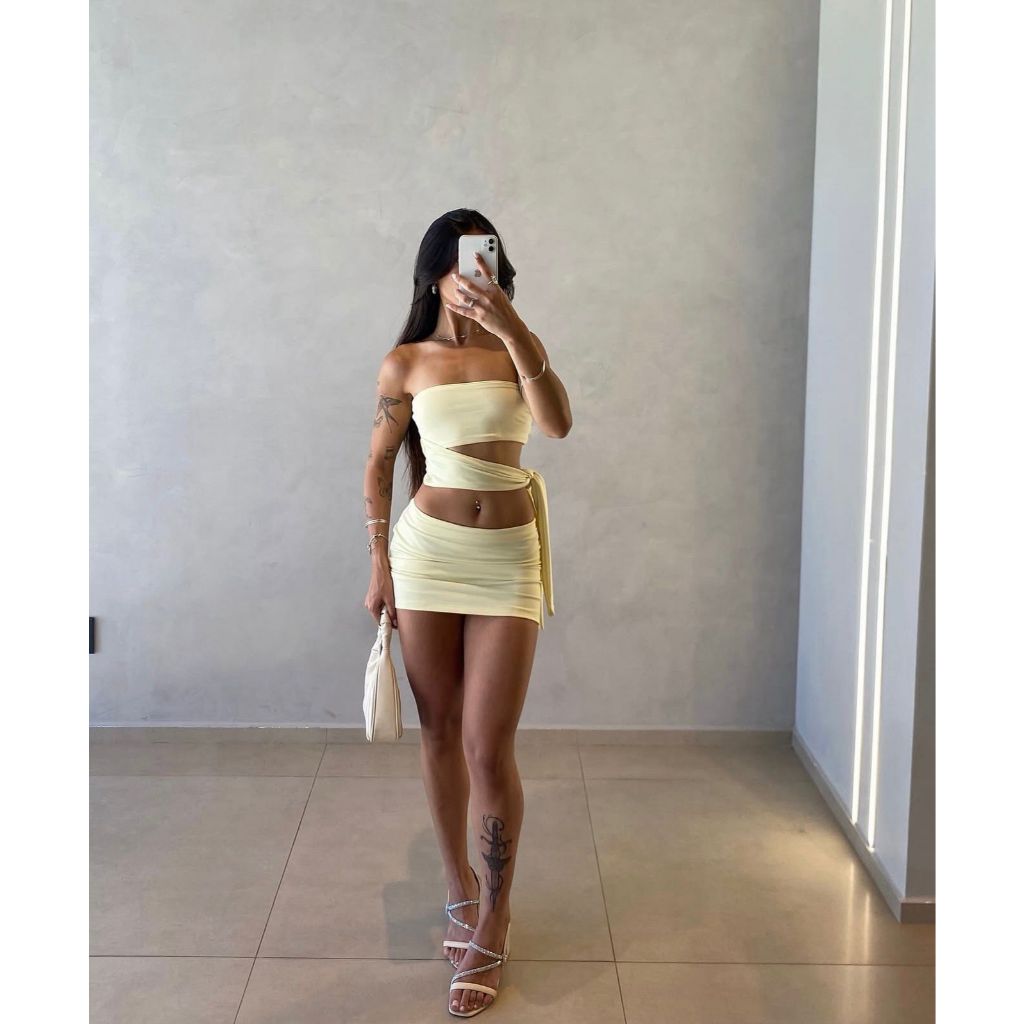 CONJUNTO PATY FEMININO LUXO - SAIA COM CROPPED DE AMARRAÇÃO (PAULA)