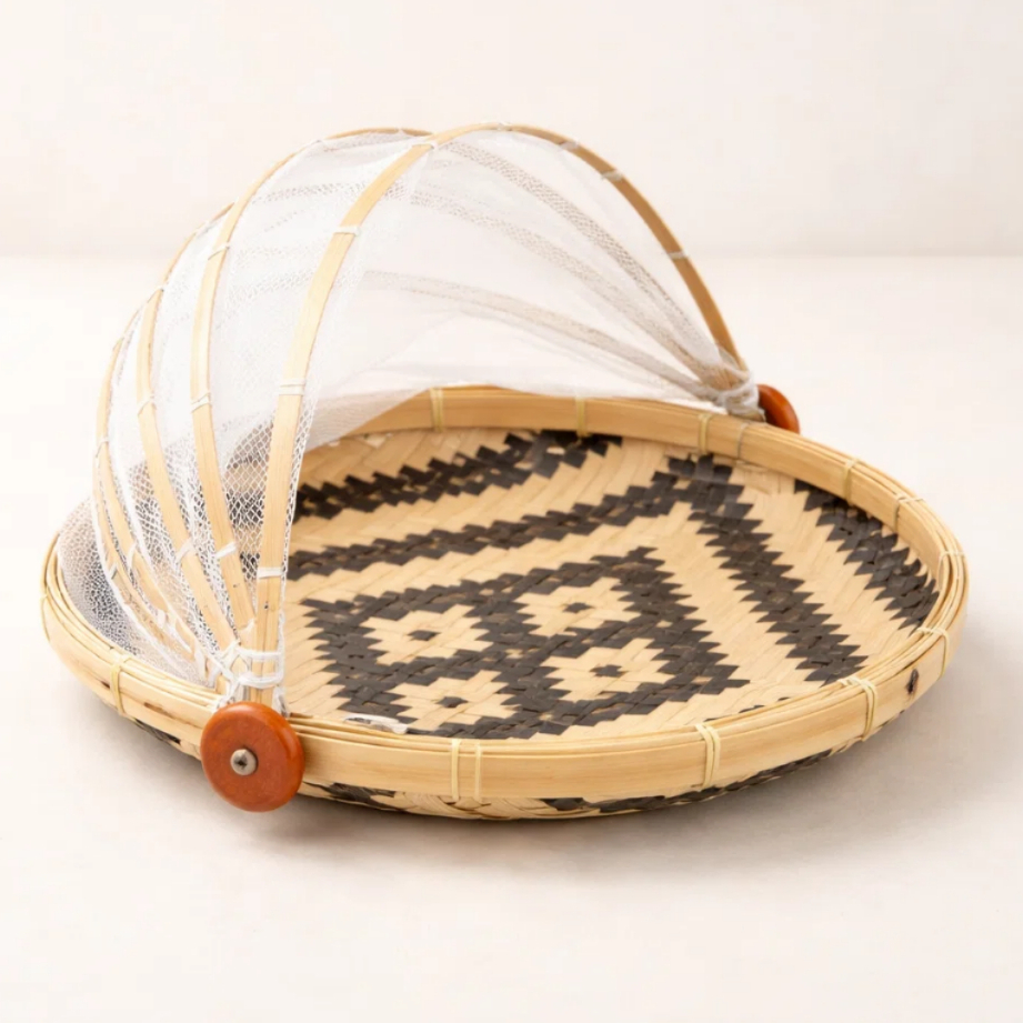 Cesto Porta Pães Bolo Frutas Piquenique Bambu Cobertura Tela Retrátil 30x18