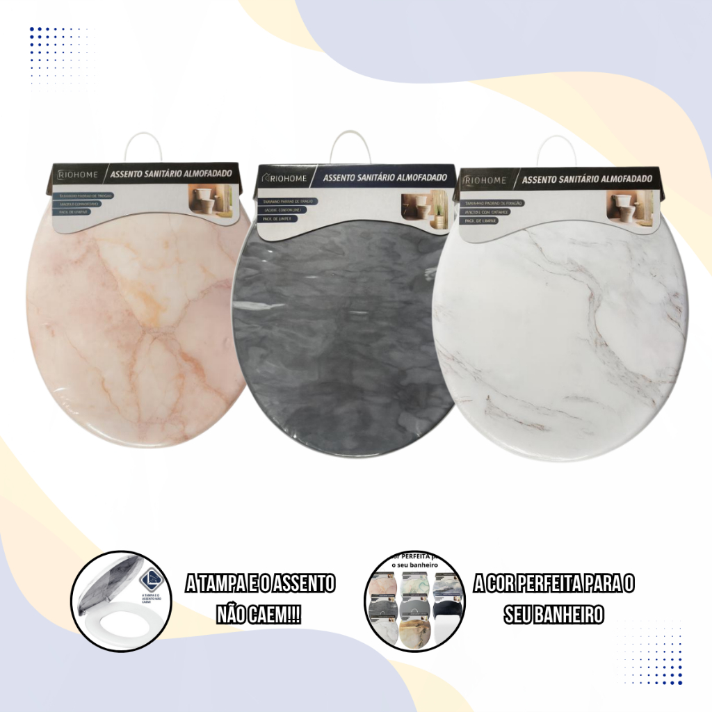 Assento Sanitário Almofadado Marmorizado Encaixe Universal Oval e Higiénico e Confortável Banheiro