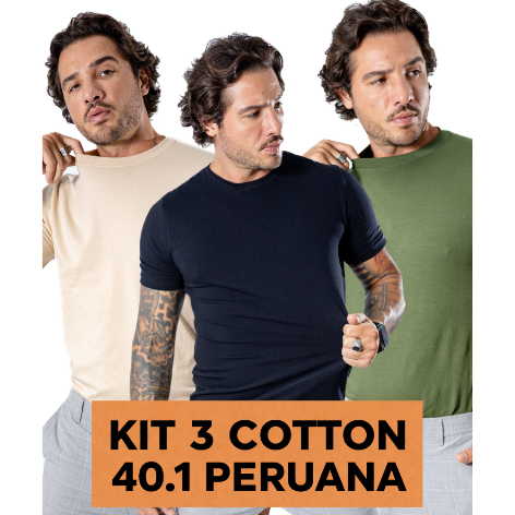 Kit 3 Camiseta Peruana Masculina Premium Algodão Pima com Elastano para Homem 40.1