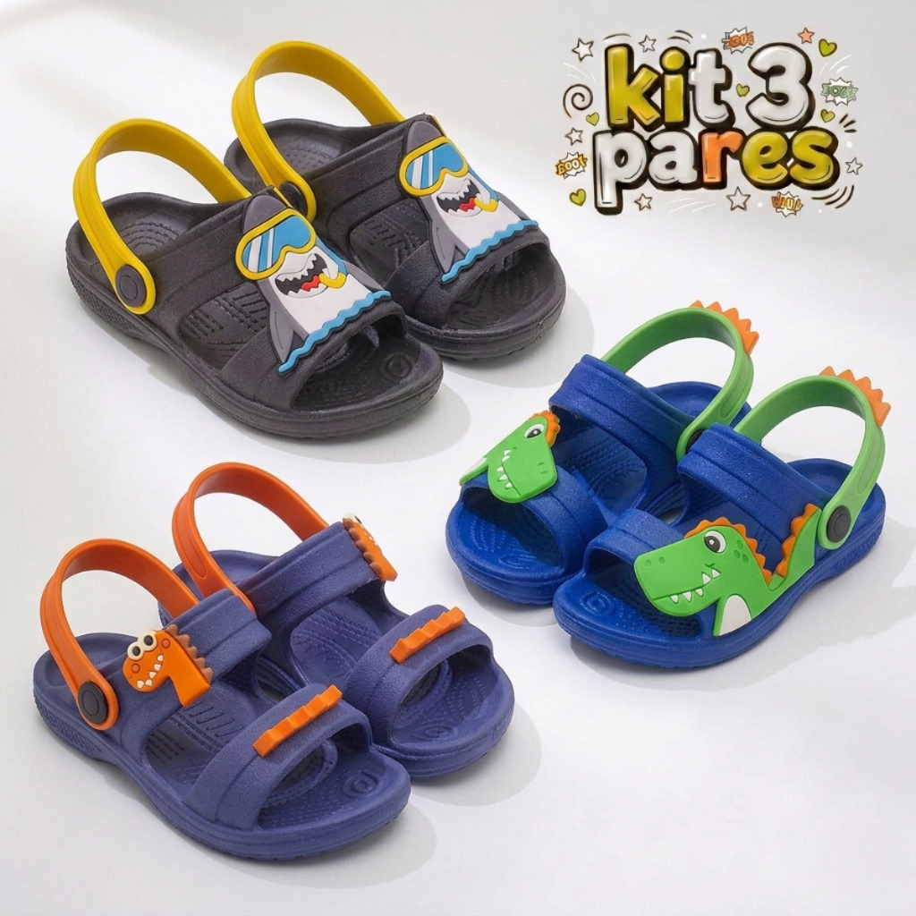 Kit 3 Papete Babuche Infantil Menino Leve Com Sola Antiderrapante Calçado Aberto Arejado