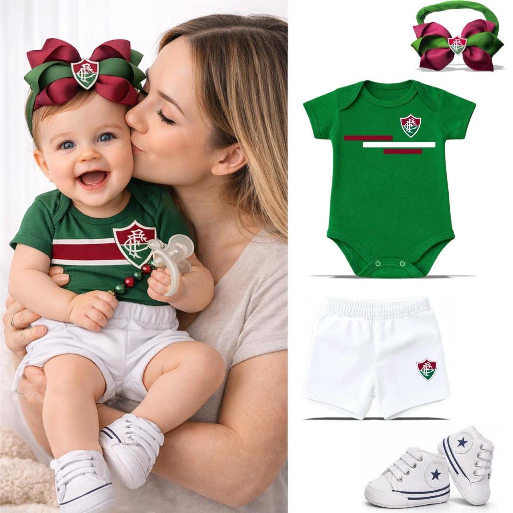 Kit 3 Peças Body Bebê do Fluminense Menina + Sapatilha + Tiara Faixinha de Seda / Roupas de Tricolor Roupa de Time