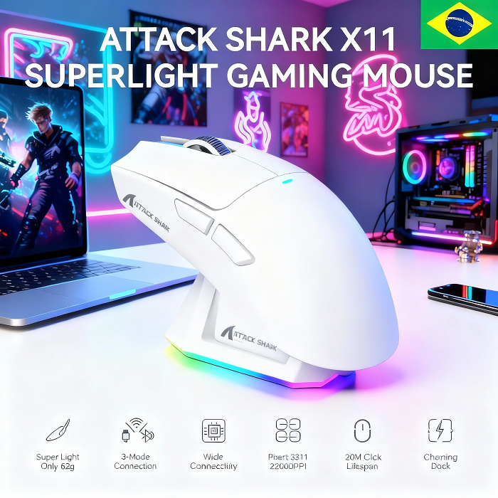 Mouse Gamer sem fio Attack Shark X11com dock de carregamento RGB