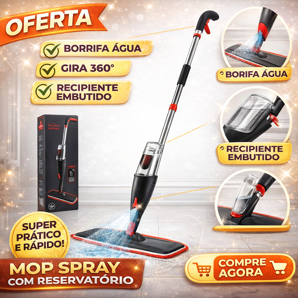 Mop Spray Giratorio 3 em 1 Reservatório 380ml Cabo 1.30MT Microfibra Limpeza Rapida Facil Casa