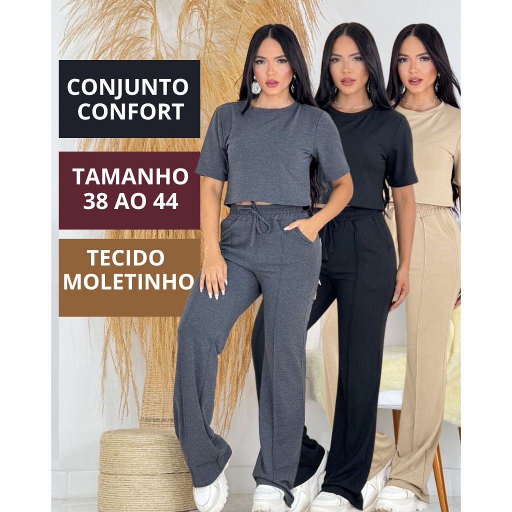 CONJUNTO FEMININO MANGA CURTA MOLETINHO CALÇA PANTALONA INVERNO OUTONO