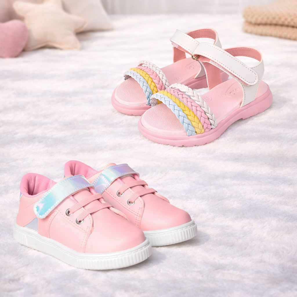 Kit Tenis Infantil Menina Colorido Velcro e Sandalia Papete Anatomica Conforto Leve Antiderrapante