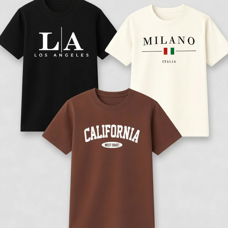 Kit 3 Camisetas Califórnia Milano Los Angeles Camisa Algodão Blusa Streetwear Oversized