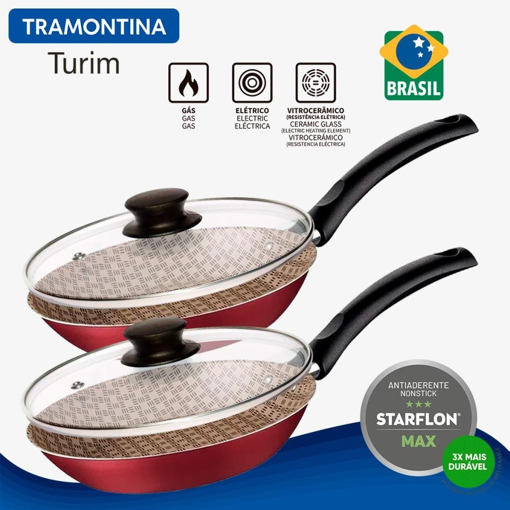 Jogo de 2 Frigideiras com Tampa 24cm Tramontina Turim em Alumínio Antiaderente Vermelho