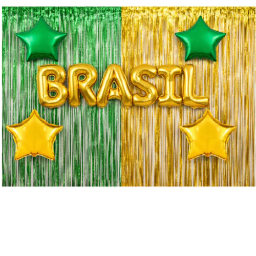Kit Painel Brasil Festa Copa do Mundo Balão BRASIL + 4 Estrelas + Cortina Metalizada Verde e Dourada