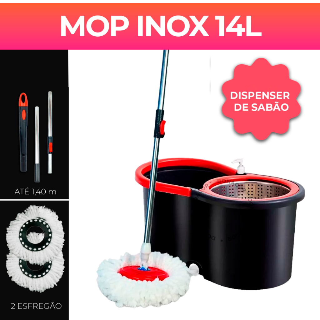 Mop 14L C/ cabo de 140 cm + 2 Refis - Rodinhas e Cesto Em Inox - Balde Centrífuga - DonaCor