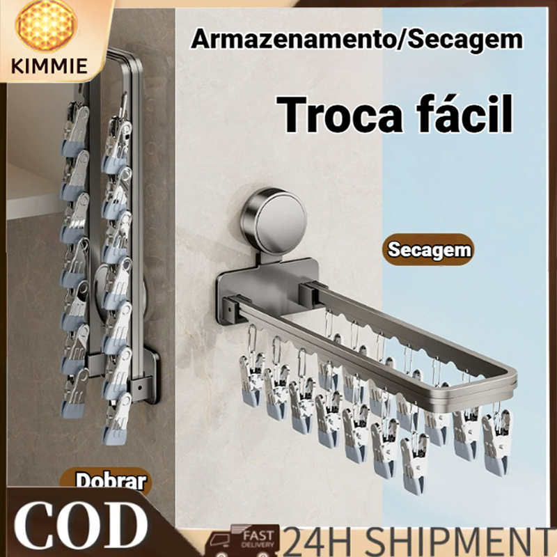 Varal de parede /Varal dobrável autocolante sem pregos/14 prendedores de meias Prendedores de roupa